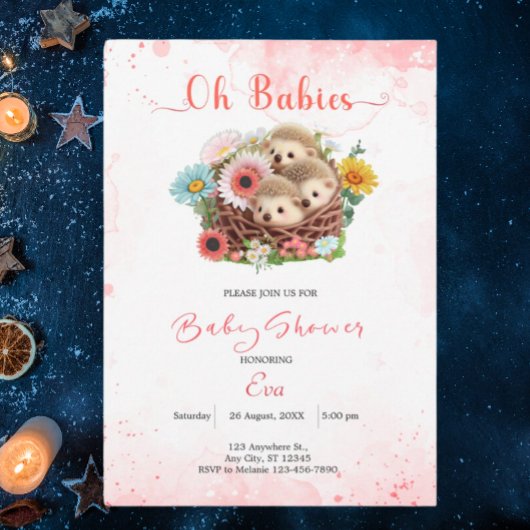 Invitation Bébés Triplet mignonnes Baby shower Floral rose Mo