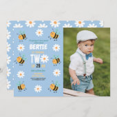 Invitation Bee Birthday Photo Party Blue Daisy Two 2 (Devant / Derrière)