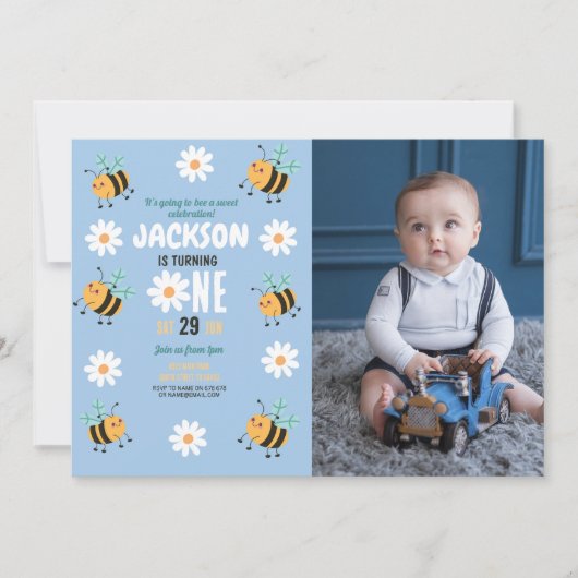 Invitation Bee Birthday Photo Party Daisy Blue Boys (Devant)