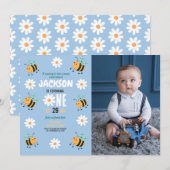 Invitation Bee Birthday Photo Party Daisy Blue Boys (Devant / Derrière)