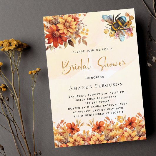 Invitation Bee Bridal douche orange fleurs d'automne luxe