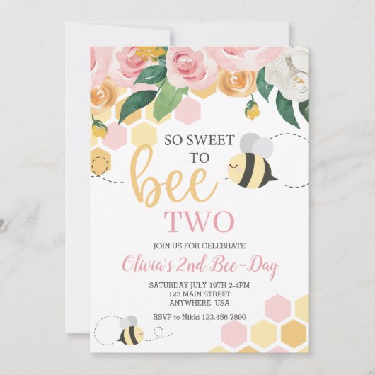 Invitation Bee Day bourdon bebe rose anniversaire (Devant)