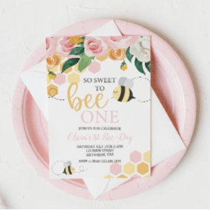 Invitation Bee Day bumblebebe 1er anniversaire rose floral In