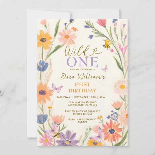 Invitation Bee Fleur sauvage Wild ONE Butterfly Garden Party (Devant)