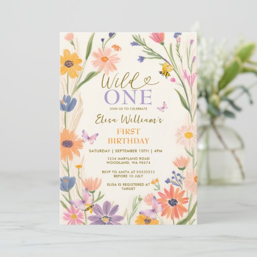 Invitation Bee Fleur sauvage Wild ONE Butterfly Garden Party (Debout devant)