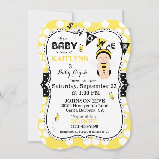 Invitation Bee Honeypeb Polka Dot Imprimer Baby shower Invita (Devant)
