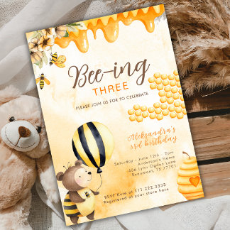 Invitation Bee-ing Three Honey Bear 3rd Birthday Yellow