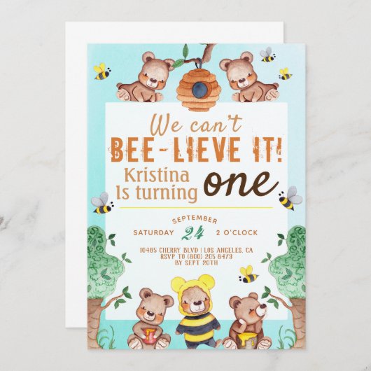 Invitation Bee lieve It Honey Bear Anniversaire (Devant / Derrière)