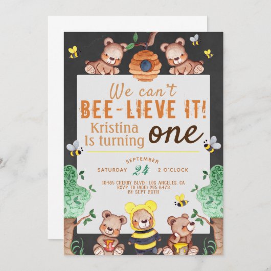Invitation Bee lieve It Honey Bear Anniversaire (Devant / Derrière)