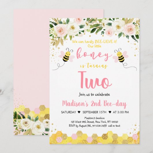 Invitation Bee Rose Gold Floral Girl Second (Devant / Derrière)