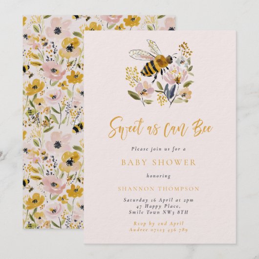 Invitation Bee & Wildflower Sweet As Can Bee Baby Shower (Devant / Derrière)