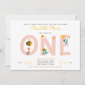 Invitation Bee Yellow & Pink Floral ONE 1er anniversaire de b (Devant)