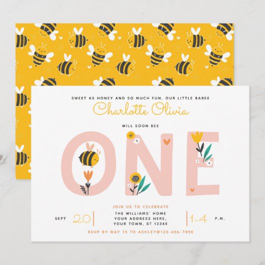 Invitation Bee Yellow & Pink Floral ONE 1er anniversaire de b (Devant / Derrière)