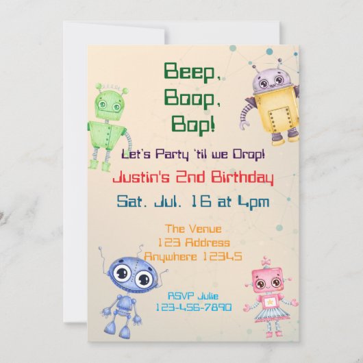 Invitation Beep Boop Bop Robot Birthday (Devant)
