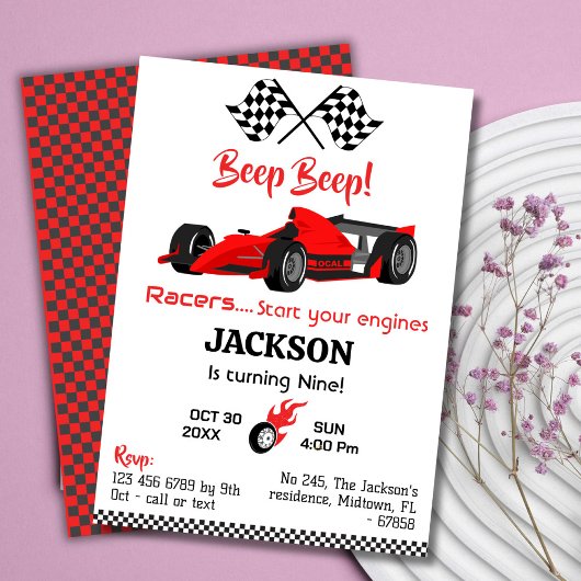 Invitation Béep moderne bip rouge course voiture sport 9e ann