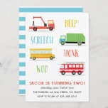 Invitation Beep Screech Fête d'anniversaire de Woo Kid Invita<br><div class="desc">Une invitation à la fête d'anniversaire pour les enfants avec remorque,  camion de pompiers,  camion à ordures et autobus scolaire.</div>