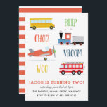 Invitation Beep Vroom Fête d'anniversaire de Woo Kid Red Invi<br><div class="desc">Une invitation pour la fête d'anniversaire pour les enfants comprenant Train,  Fire truck,  Air Plane et un autobus scolaire.</div>