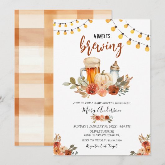 Invitation Beer Baby Is Brewing Fall Baby Shower  (Devant / Derrière)