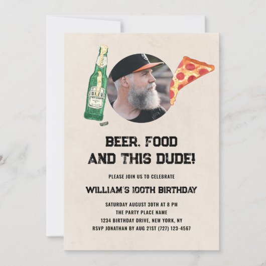 Invitation Beer Dude Photo Man Funny 100th Birthday (Devant)