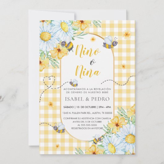 Invitation Bees & Fleurs blanches En vichy espagnol Genre Rev (Devant)