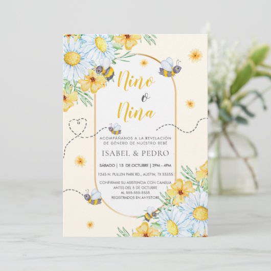 Invitation Bees & Fleurs blanches Révélation de genre espagno (Debout devant)