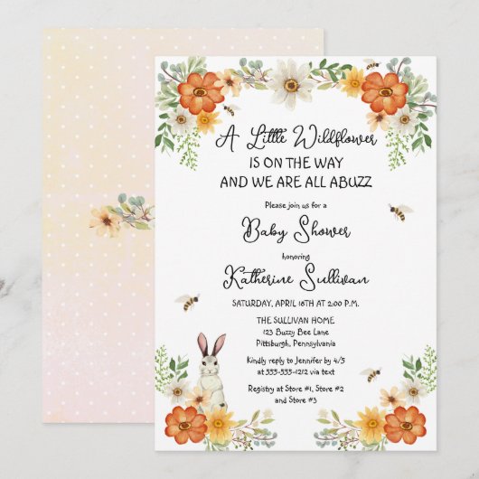 Invitation Bees Spring Petit Fleur sauvage Baby shower fille (Devant / Derrière)