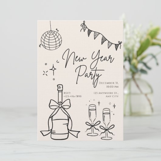 Invitation Beige and Black Doodle Simple New Year's Eve Party (Debout devant)
