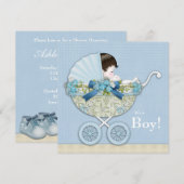 Invitation Beige Baby Blue Baby Carriage Garçon Douche (Devant / Derrière)