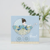 Invitation Beige Baby Blue Baby Carriage Garçon Douche (Debout devant)