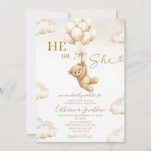 Invitation Beige Balloons Clouds He Or She Bear Gender Reveal (Devant)