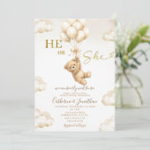 Invitation Beige Balloons Clouds He Or She Bear Gender Reveal (Debout devant)