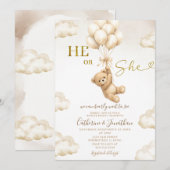 Invitation Beige Balloons Clouds He Or She Bear Gender Reveal (Devant / Derrière)