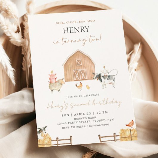 Invitation Beige Barn 2nd Birthday Farm Animals Party