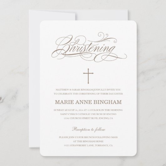 Invitation Beige Blanc Élégant Calligraphie Christening (Devant)