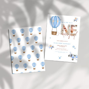 Invitation Beige Bleu chaud Air Ballon Onederday 1er annivers