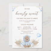 Invitation Beige Bleu On Peut Attendre Baby shower (Devant)