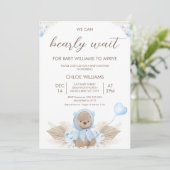 Invitation Beige Bleu On Peut Attendre Baby shower (Debout devant)