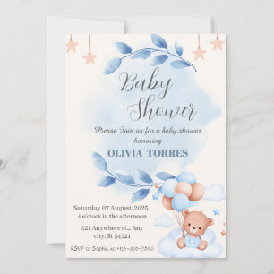 Invitation Beige Bleu, Ours Teddy, Ballons, Baby shower garço