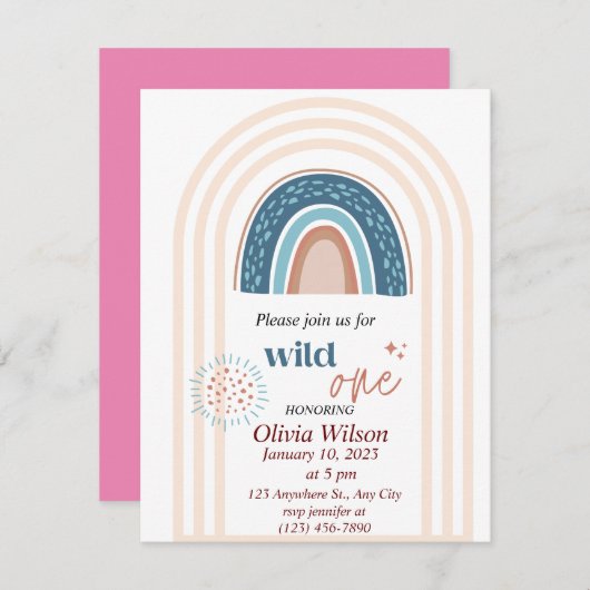 Invitation Beige Bleu Simple Boho Rainbow Baby shower (Devant / Derrière)