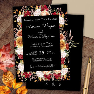 Invitation Beige Bourgogne sur Mariage Floral Chute Noire