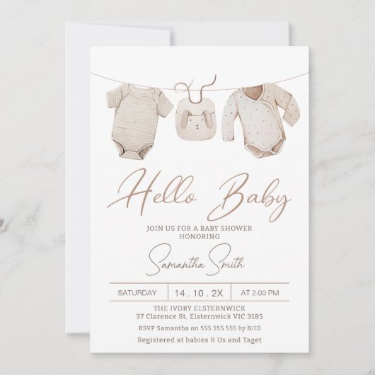 Invitation Beige Boys Baby shower Vêtements de bébé (Devant)