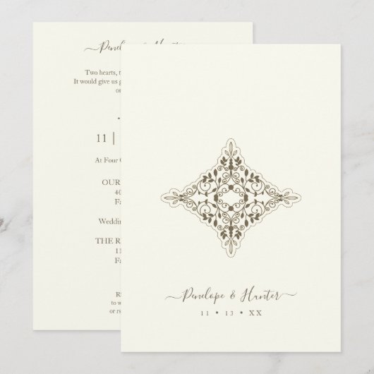 Invitation Beige Brown Chic Lace Romantic Couple Wedding (Devant / Derrière)