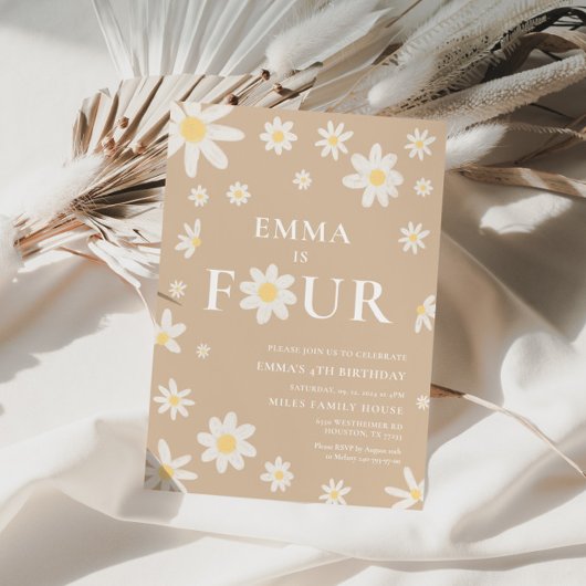 Invitation Beige Daisy Quatrième 4ème anniversaire
