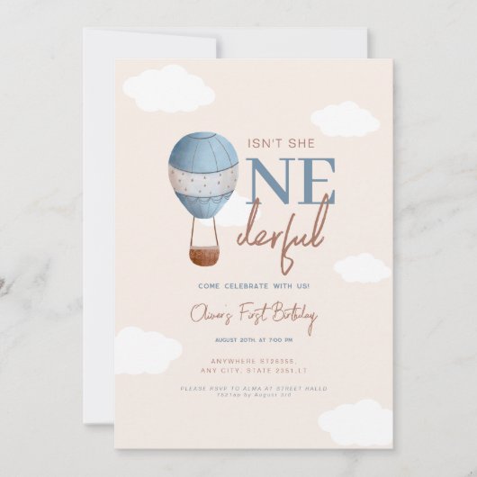 Invitation Beige doux chaud Air Ballon Onederday 1er annivers (Devant)