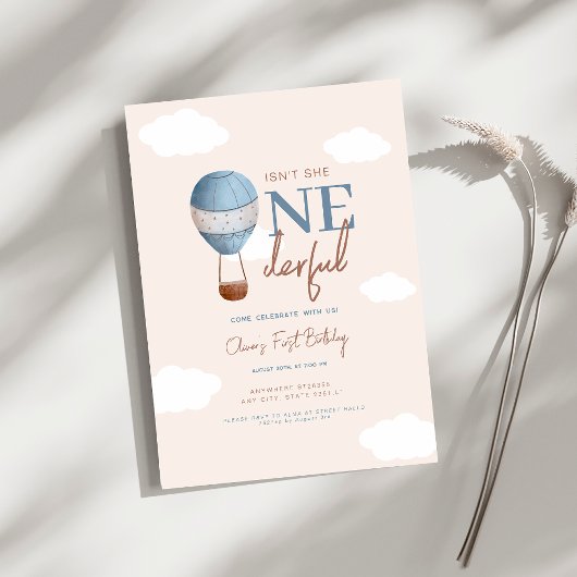Invitation Beige doux chaud Air Ballon Onederday 1er annivers