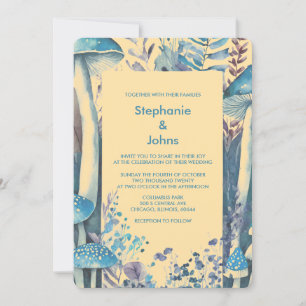 Invitation Beige Dusty Bleu Art Bois Champignons Mariage