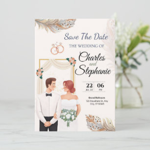 Invitation Beige Élégant Floral Illustratif, avec couple
