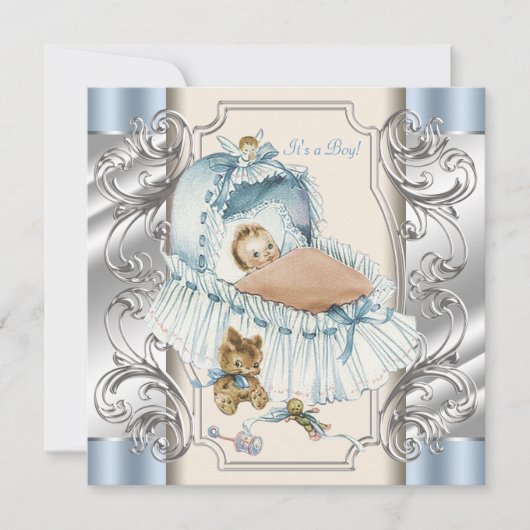 Invitation Beige et Bleu Vintage Baby Boy Douche (Devant)