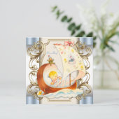 Invitation Beige et Bleu Vintage Baby Boy Douche (Debout devant)