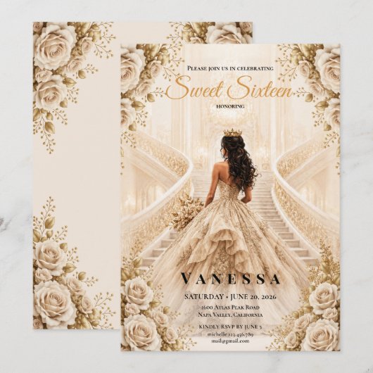 Invitation beige et or pour une princesse pour ses (Devant / Derrière)
